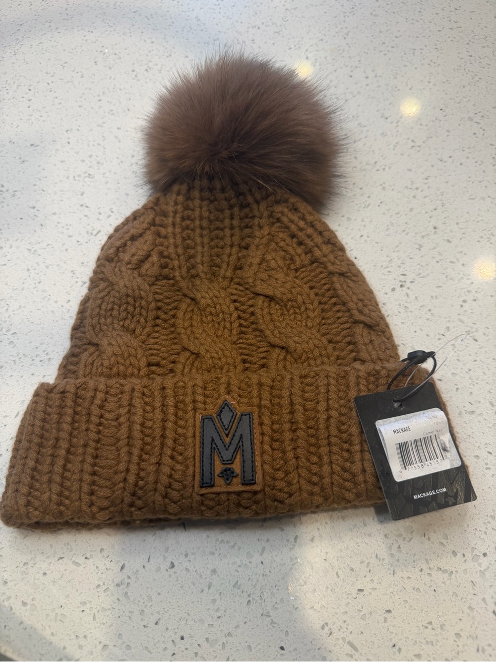 Mackage Brown Cable Knit Pom Hat with M Patch